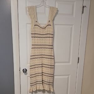 Freshman Cream and Brown Striped Midi Dress